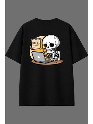 Vsrn Iskelet Korktu Tasarım Arka Baskılı Siyah Oversize T Shirt