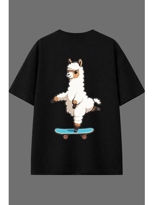 Vsrn Kaykaycı Lama Tasarım Arka Baskılı Siyah Oversize T Shirt
