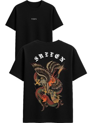 Vsrn Şahin ve Ejder Tasarım Baskılı Siyah Oversize T Shirt
