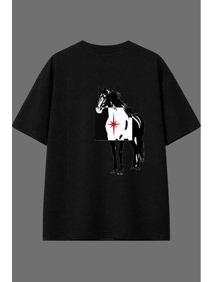 Vsrn Desenli Atlar Tasarım Arka Baskılı Siyah Oversize T Shirt