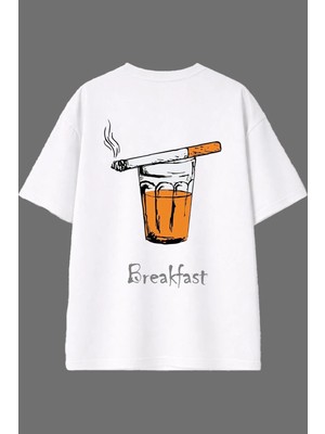 Vsrn My Breakfast Tasarım Arka Baskılı Beyaz Oversize T Shirt