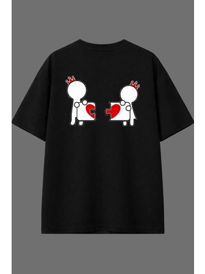 Vsrn Kral Kraliçe Tasarım Arka Baskılı Siyah Oversize T Shirt