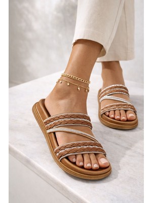 Slipcat Hasır Dokulu Çapraz Örgülü Bantlı Taş Detaylı Kadın Terlik