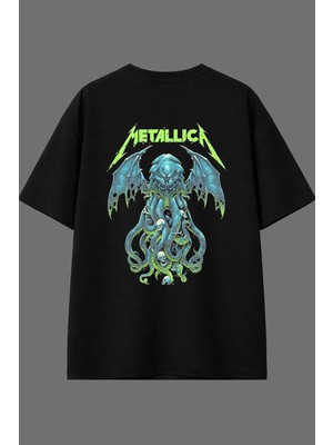 Vsrn Yeşil Metalika Tasarım Arka Baskılı Siyah Oversize T Shirt