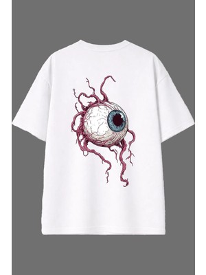 Vsrn Dev Göz Tasarım Arka Baskılı Beyaz Oversize T Shirt