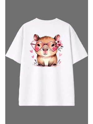 Vsrn Tatlı Hamster Tasarım Arka Baskılı Beyaz Oversize T Shirt