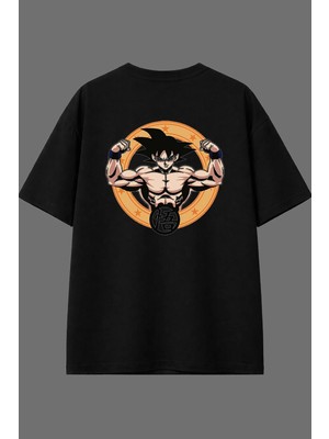 Vsrn Kaslı Anime Tasarım Arka Baskılı Siyah Oversize T Shirt