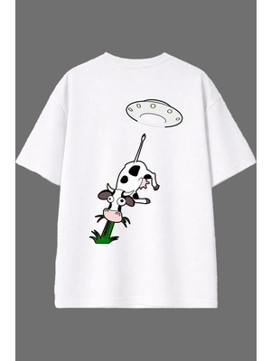 Vsrn Inek Uzayda Tasarım Arka Baskılı Beyaz Oversize T Shirt