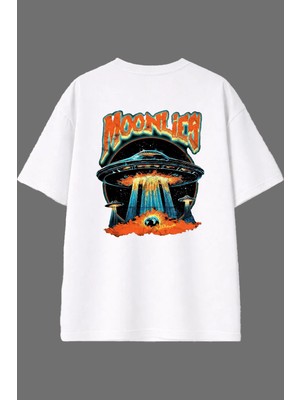 Vsrn Moon Lice Tasarım Arka Baskılı Beyaz Oversize T Shirt