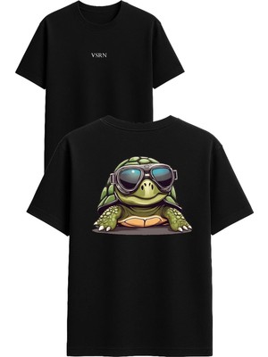 Vsrn Kaplumbağa Gözlüklü Tasarım Baskılı Siyah Oversize T Shirt