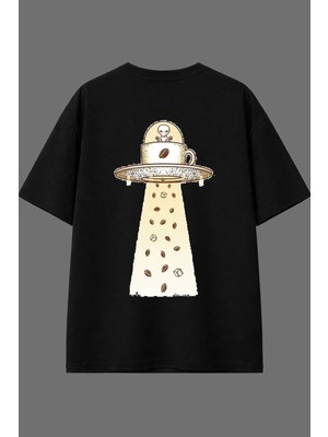 Vsrn Kahve Seven Uzaylı Tasarım Arka Baskılı Siyah Oversize T Shirt