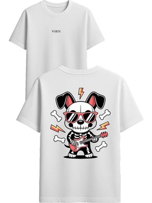 Vsrn Rockçı Dog Tasarım Baskılı Beyaz Oversize T Shirt