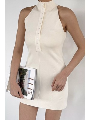 Gülseli Kadın Ön Yarım Düğmeli Halter Yaka Likralı Elbise P-00020937