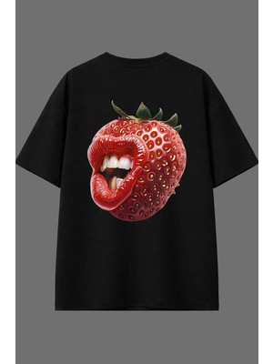Vsrn Ağızlı Çilek Tasarım Arka Baskılı Siyah Oversize T Shirt