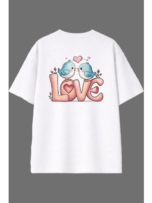Vsrn Love Kuşlar Tasarım Arka Baskılı Beyaz Oversize T Shirt