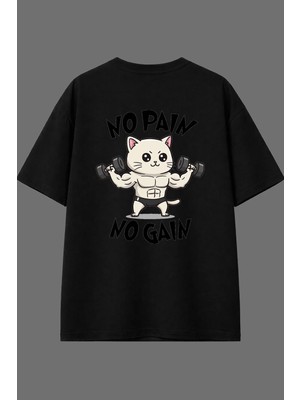 Vsrn No Paın No Gaın Tasarım Arka Baskılı Siyah Oversize T Shirt