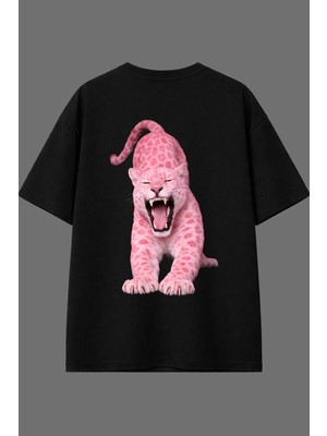 Vsrn Pembe Leopar Tasarım Arka Baskılı Siyah Oversize T Shirt