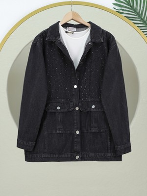 Modamorfo Serpme Taş Detaylı Kapaklı Cepli Kot Ceket -Siyah