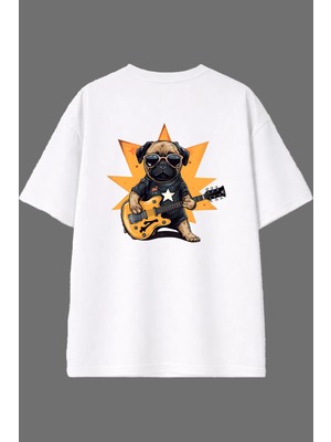 Vsrn Rockçı Köpek Tasarım Arka Baskılı Beyaz Oversize T Shirt