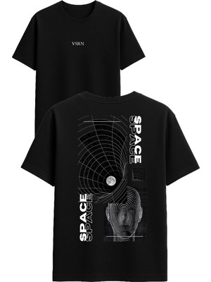 Vsrn Space Space Tasarım Baskılı Siyah Oversize T Shirt