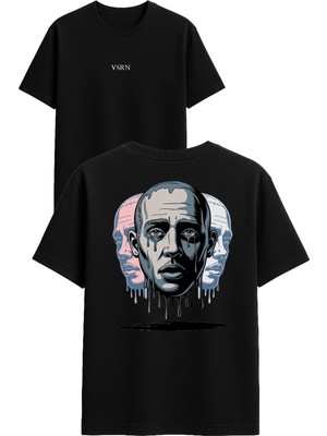 Vsrn 3 Yüzlü Adam Tasarım Baskılı Siyah Oversize T Shirt
