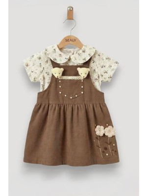 Miniğimin Cicileri Ayıcık Gül Aplikeli Salopet Elbiseli Kız Çocuk 2’li Takım - Acı Kahve