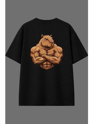 Vsrn Kaslı Kapibara Tasarım Arka Baskılı Siyah Oversize T Shirt