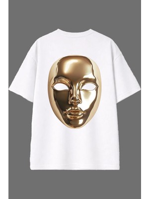 Vsrn Altın Maske Tasarım Arka Baskılı Beyaz Oversize T Shirt