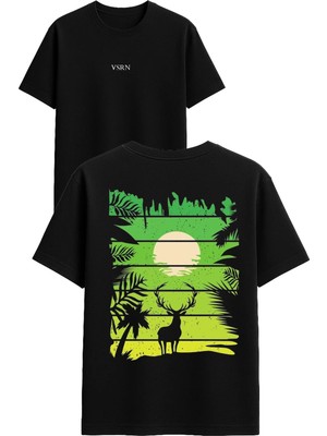 Vsrn Geyik Orman Tasarım Baskılı Siyah Oversize T Shirt