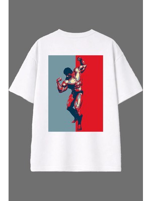 Vsrn Retro Kaslı Adam Tasarım Arka Baskılı Beyaz Oversize T Shirt