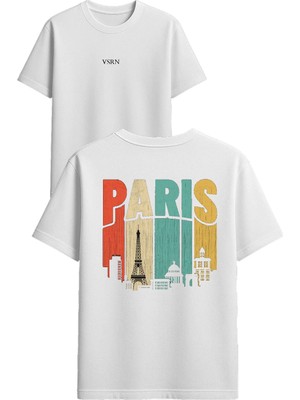 Vsrn Paris Figürleri Tasarım Baskılı Beyaz Oversize T Shirt