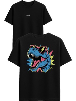 Vsrn Gözlüklü Trex Tasarım Baskılı Siyah Oversize T Shirt
