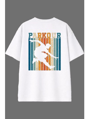 Vsrn Parkour 1 Tasarım Arka Baskılı Beyaz Oversize T Shirt