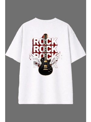 Vsrn Rock Kanatlı Tasarım Arka Baskılı Beyaz Oversize T Shirt