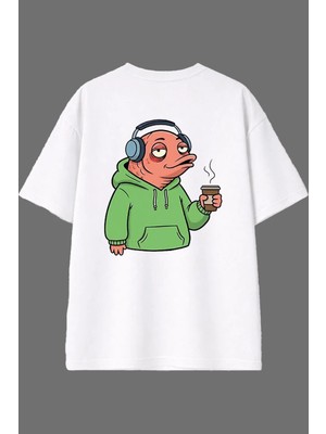 Vsrn Kahveci Yaratık Tasarım Arka Baskılı Beyaz Oversize T Shirt