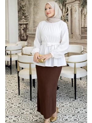 Cng Moda Tesettür Kuşaklı Kol Büzgülü Gömlek