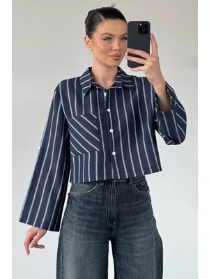 Gülseli Kadın Çizgili Crop Top Gömlek P-00020932