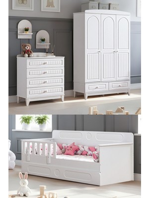 Setay Deniz Çocuk Odası, Deniz 3 Kapaklı Dolap, Şifonyer, Flora Yavrulu Karyola - Beyaz