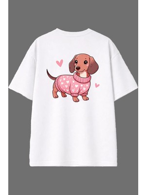 Vsrn Sosis Köpek Tasarım Arka Baskılı Beyaz Oversize T Shirt