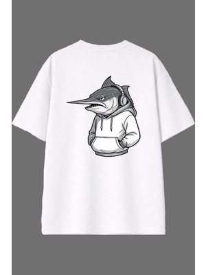 Vsrn Kılıç Balığı Tasarım Arka Baskılı Beyaz Oversize T Shirt
