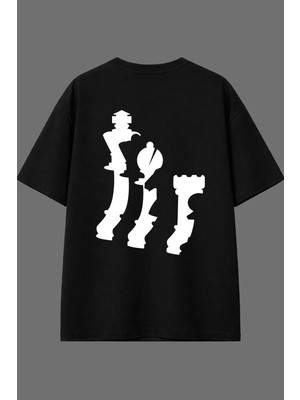 Vsrn Satranç 1 Tasarım Arka Baskılı Siyah Oversize T Shirt