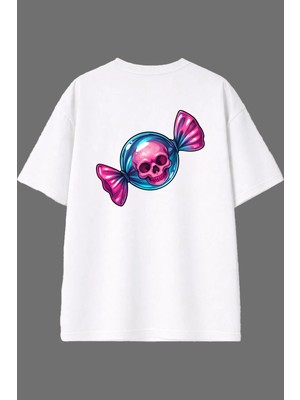 Vsrn Ölüm Şekeri Tasarım Arka Baskılı Beyaz Oversize T Shirt