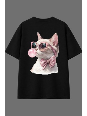Vsrn Tatlı Kedi Tasarım Arka Baskılı Siyah Oversize T Shirt