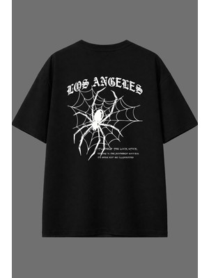 Vsrn Los Angeles Spider Tasarım Arka Baskılı Siyah Oversize T Shirt