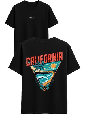 Vsrn Üçgen Calıfornıa Manzara Tasarım Baskılı Siyah Oversize T Shirt