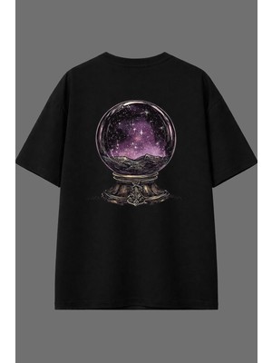 Vsrn Büyülü Küre Tasarım Arka Baskılı Siyah Oversize T Shirt