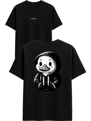Vsrn Ördek Kapşonlu Tasarım Baskılı Siyah Oversize T Shirt