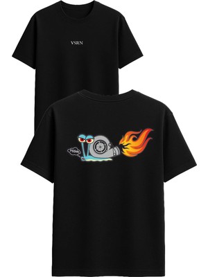 Vsrn Roketli Böcek Tasarım Baskılı Siyah Oversize T Shirt