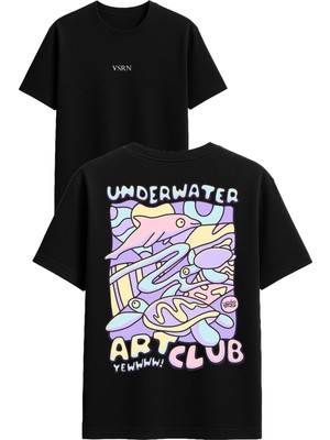 Vsrn Underwater Tasarım Baskılı Siyah Oversize T Shirt