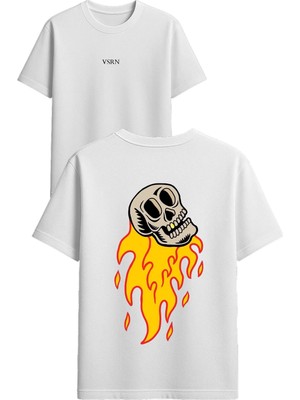 Vsrn Altın Diş Kurukafa Tasarım Baskılı Beyaz Oversize T Shirt